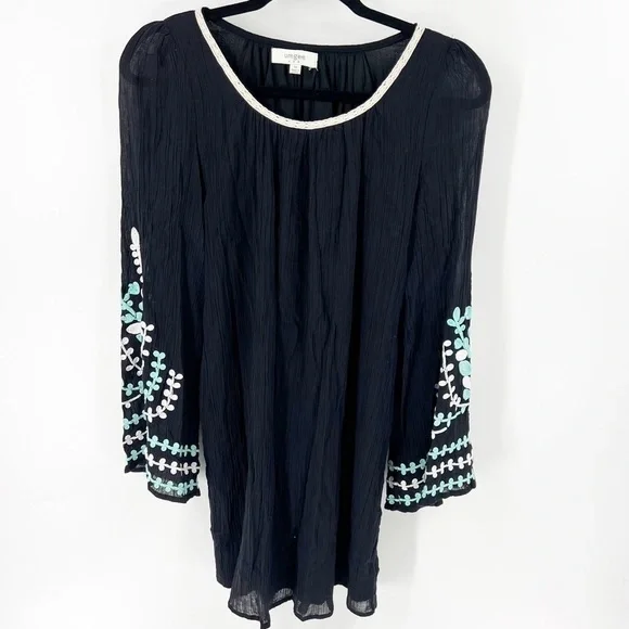 ✅ UMGEE BLACK WHITE TEAL BOHO EMBROIDERED SCOOP NECK TUNIC DRESS SIZE MEDIUM - Picture 1 of 4